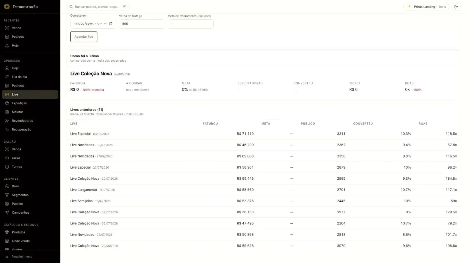 Jewelry OS: painel de venda em live